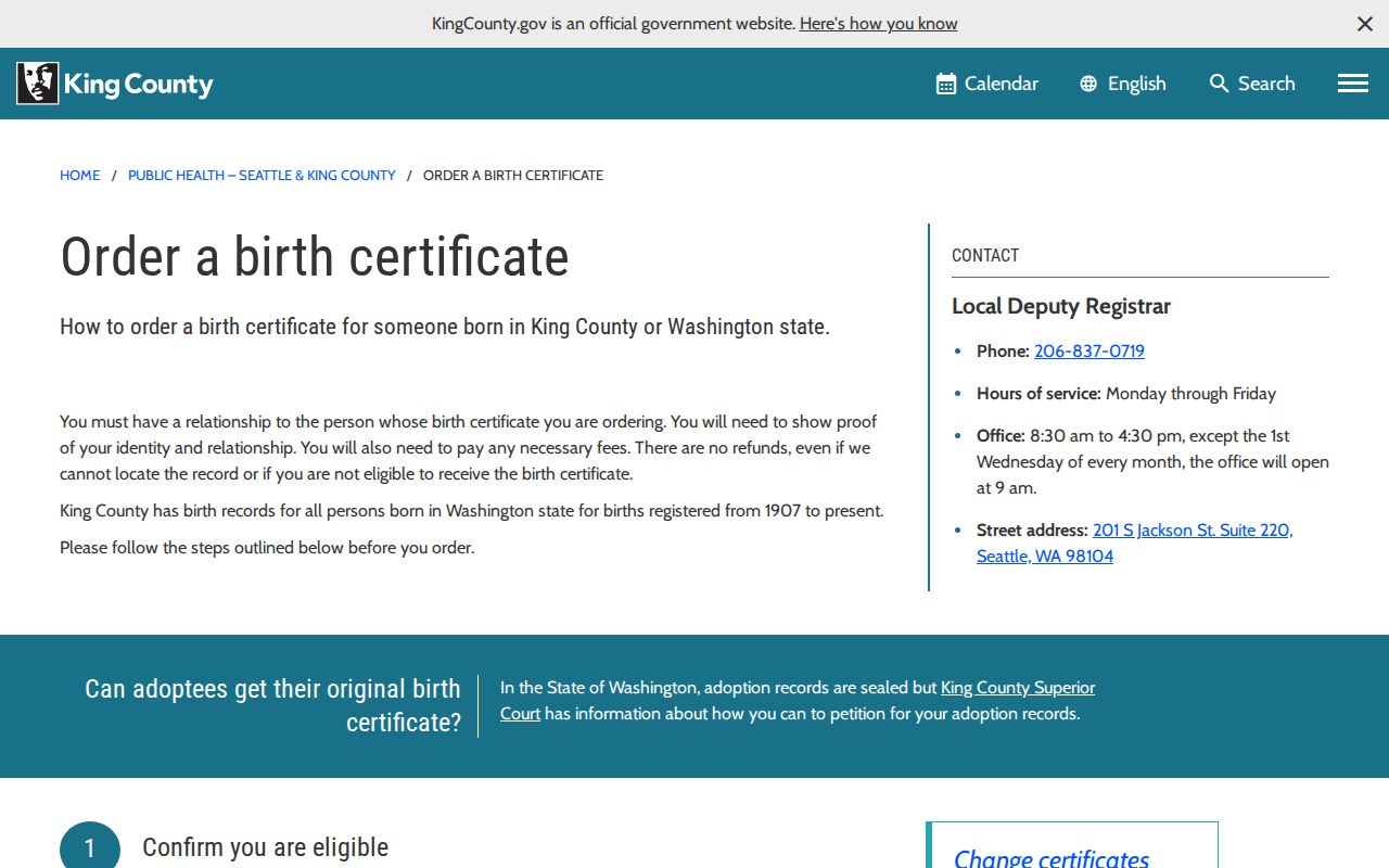 Sammamish people search birth certificate ordering through King County